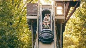 a mother and two kids riding a log cart in an amusement park ride surrounded by trees