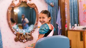 a little girl who got a princess transformation at Bibbidi Bobbidi Boutique at Magic Kingdom Park