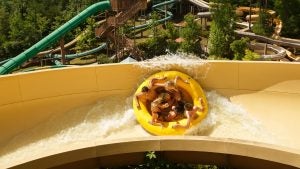 a family in a big raft going down an amusement park ride with slides at the back