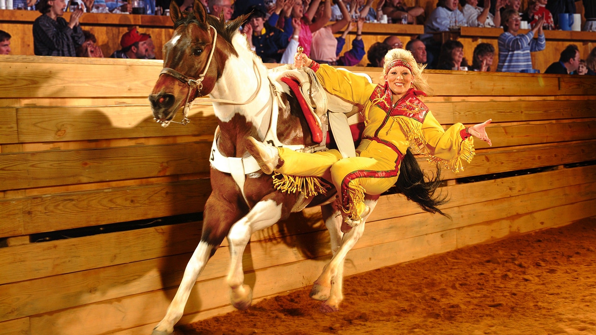a trick rider on a horse wearing a costume with audience watching
