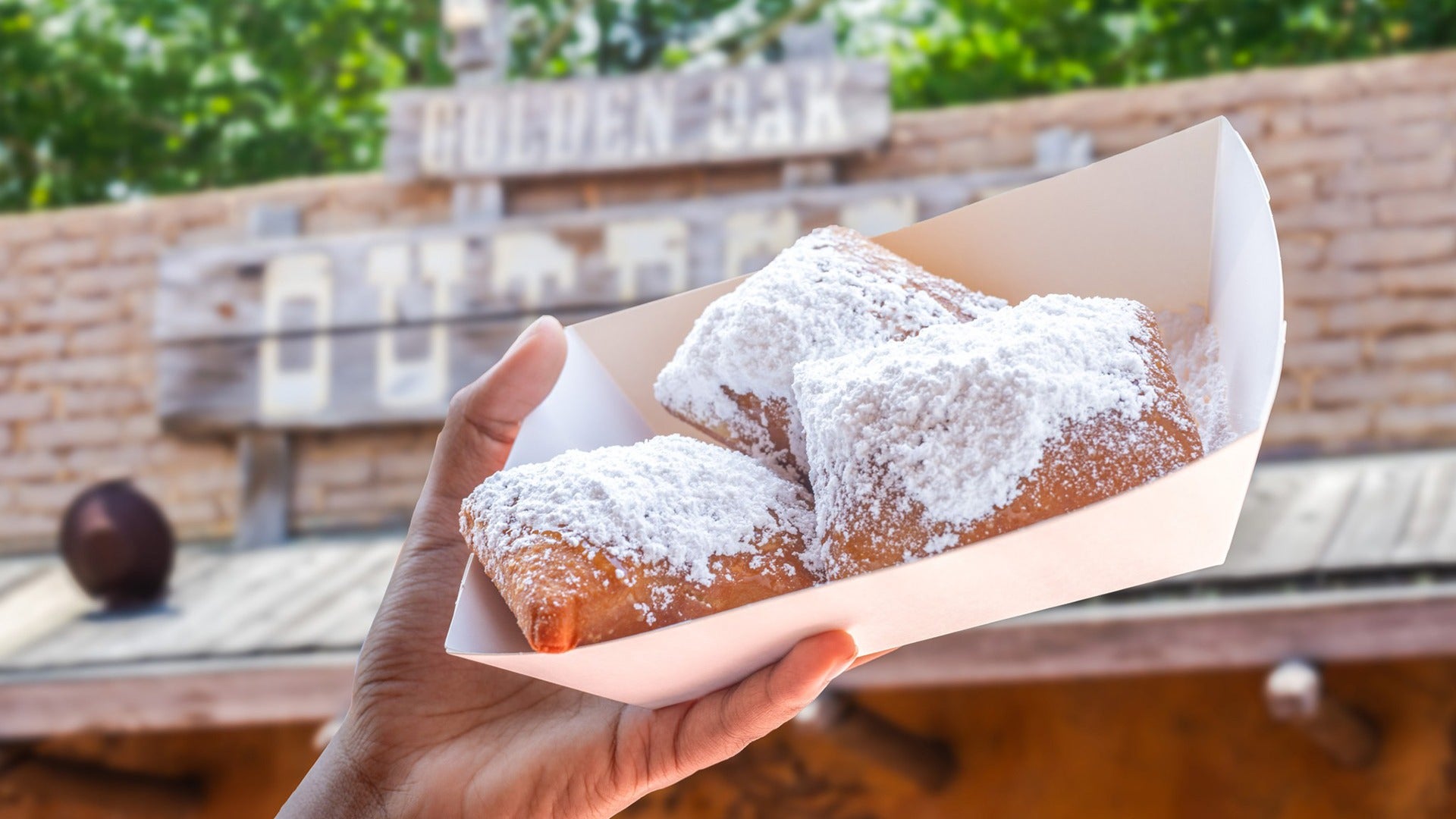 a hand holding beignets served in a paper plate