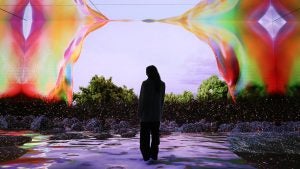 a woman's back turned on a colorful museum exhibit