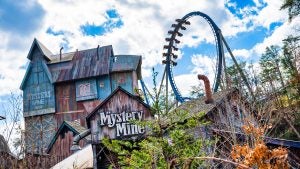 Exterior of Mystery Mine roller coaster at Dollywood with gothic architecture
