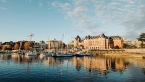 Downtown buildings with a bay filled with sail boats
