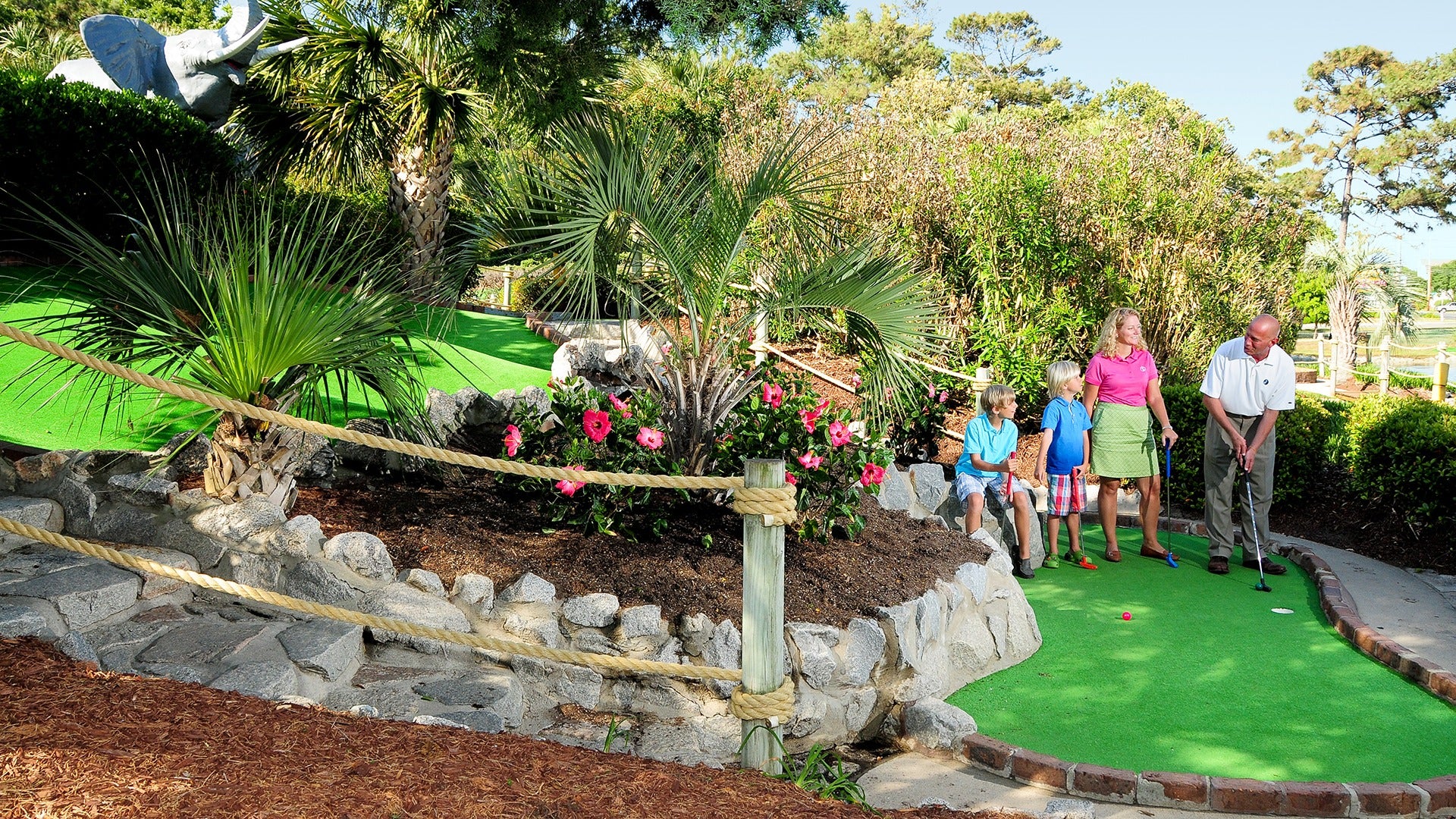 a family playing mini golf in a field surrounded by trees