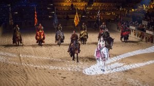 a group of performers in costumes riding horses in an arena with an audience