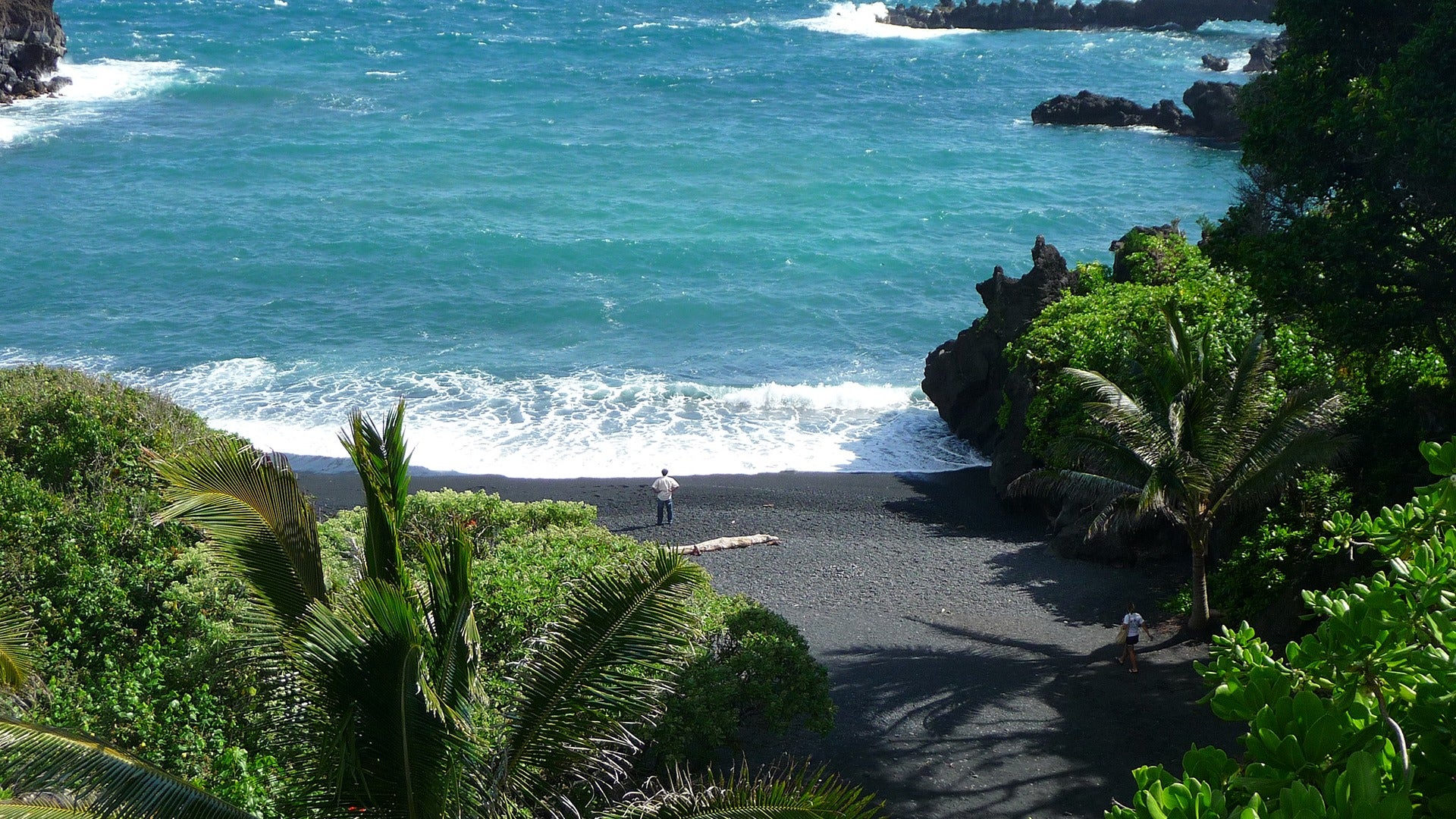 a man on a black beach with a view of the ocean and trees surrounding it