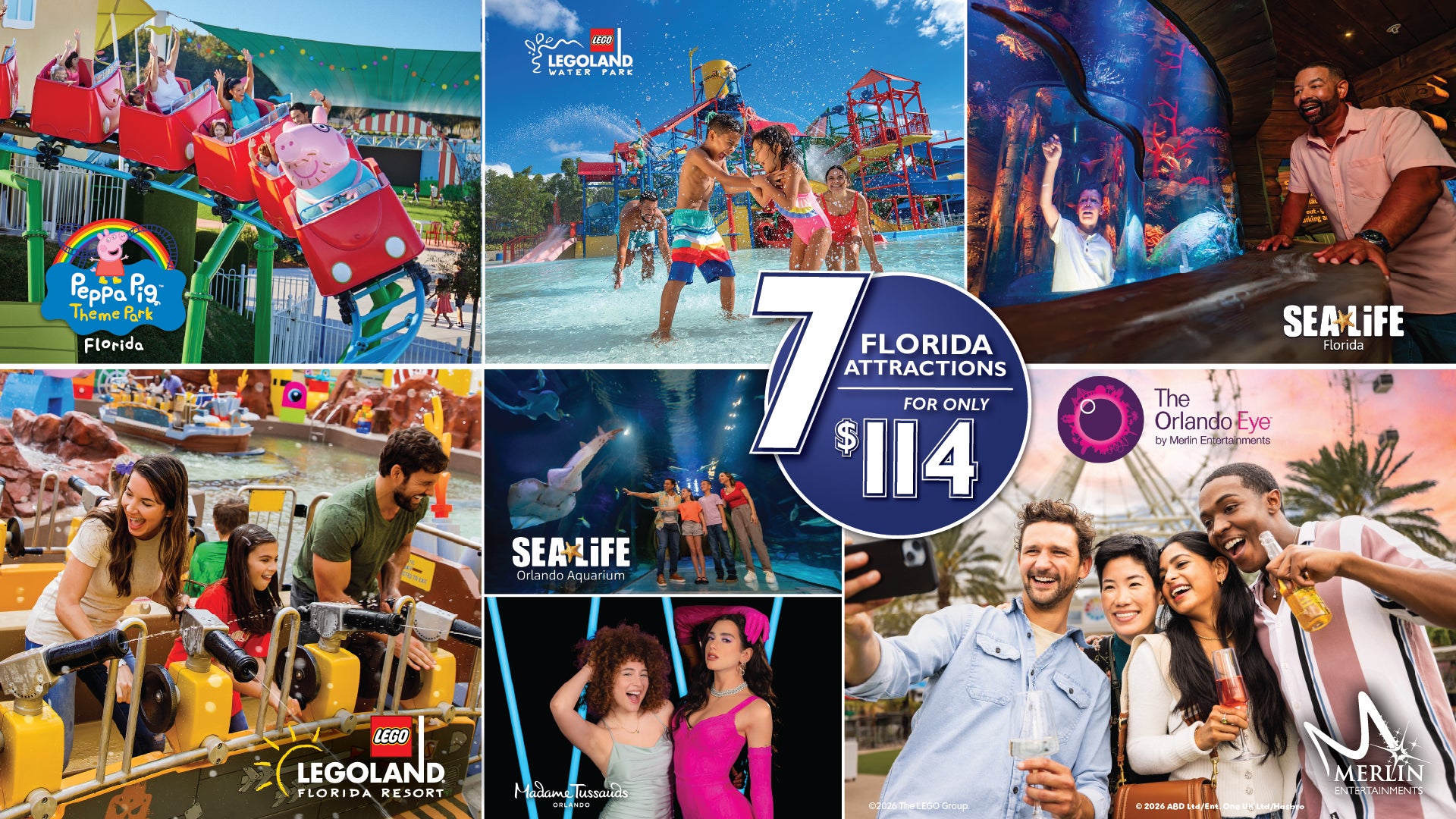 Ticket graphic of seven central Florida attractions