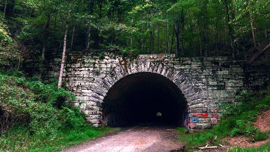 A dirt road going through a white rock dark tunnel with graffiti surrounded by greenery