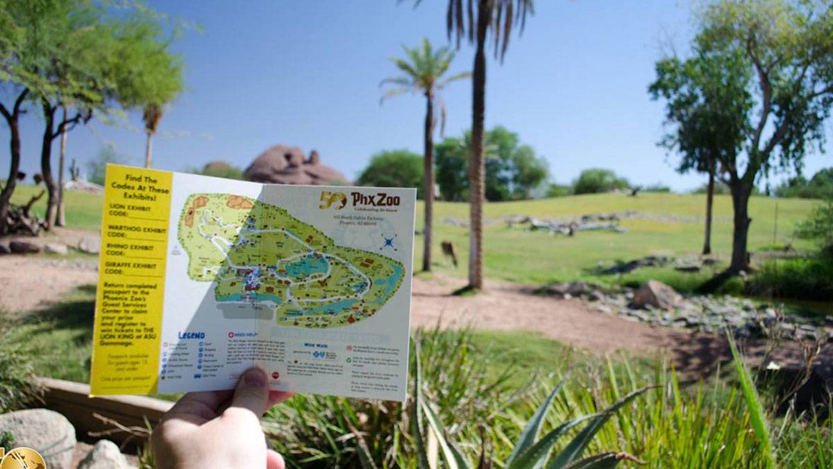 hand holding Phoenix Zoo map against Africa Trail of Phoenix Zoo in the background in Phoenix, Arizona, USA