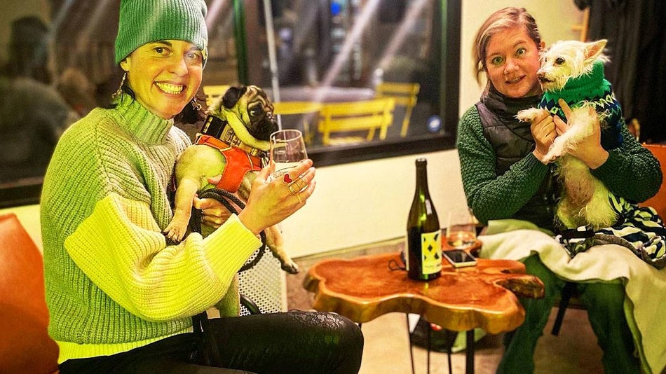 two women holding dogs sharing a bottle of wine at Cellar Dog in Portland, Oregon, USA