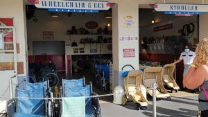   A picture of a store of wheelchairs is available to rent 