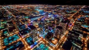 aerial view of Downtown Phoenix at night in Phoenix, Arizona, USA