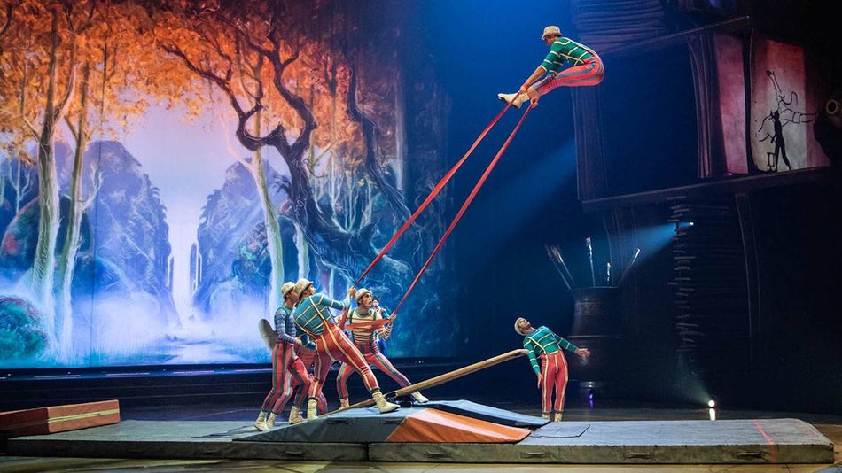 acrobatic performers on stage for the production of Drawn to Life by Cirque du Soleil + Disney in Florida, USA