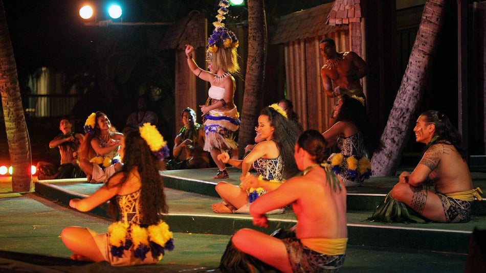 performers on stage at Germaine's Luau Show in Oahu, Hawaii, USA