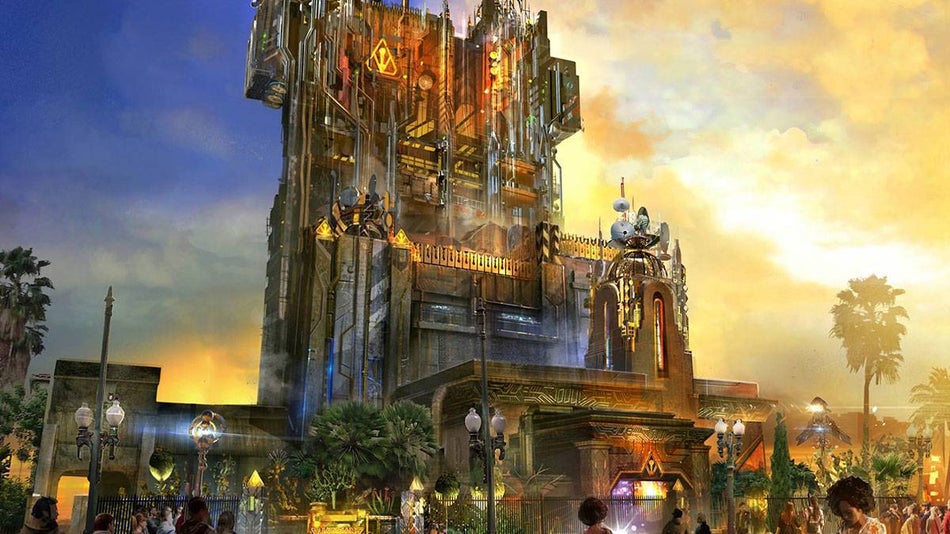 official artists rendition of Guardians of The Galaxy Mission Breakout attraction at Disneyland in Anaheim, California, USA