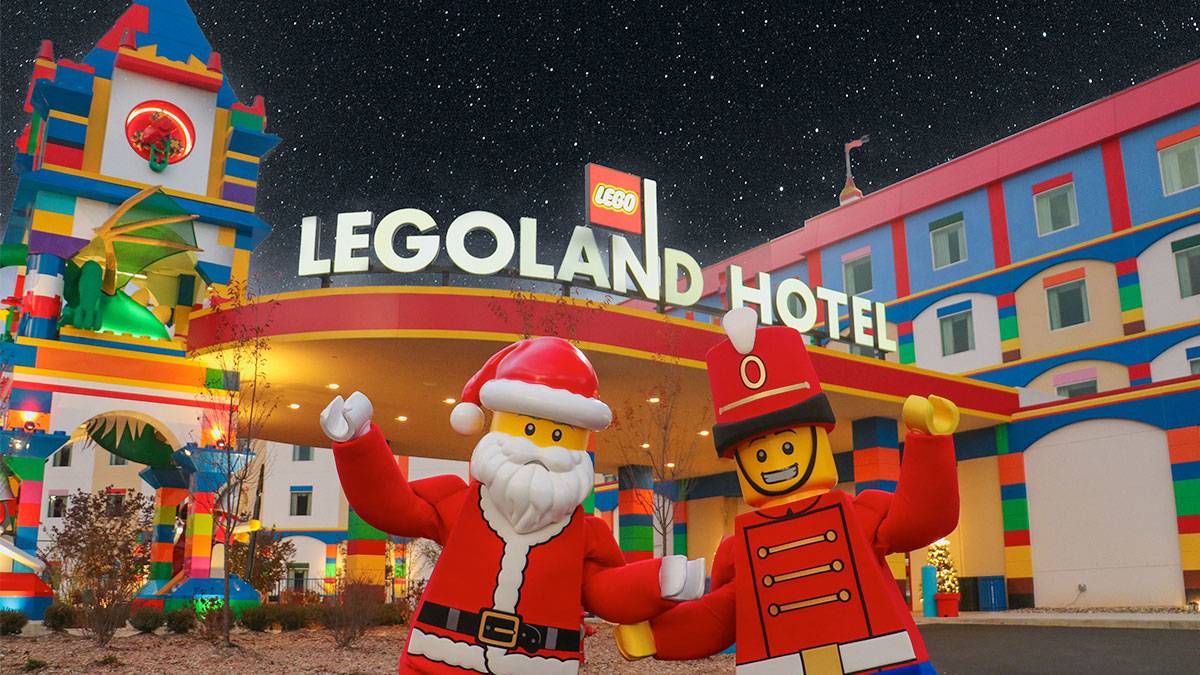 exterior of Legoland Hotel on snowy day for Holiday Bricktacular with close up of Christmas themed Lego characters at Legoland in New York City, New York, USA