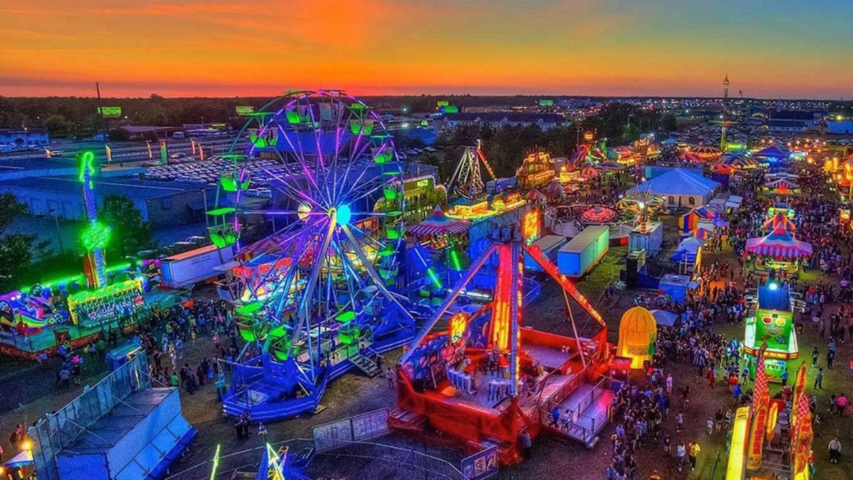 aerial view of Horry County Fair during sunset in Myrtle Beach, South Carolina, USA