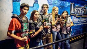 kids in Laser Tag gear posing for photo for Laser Tag at WonderWorks in Pigeon Forge, Tennessee, USA