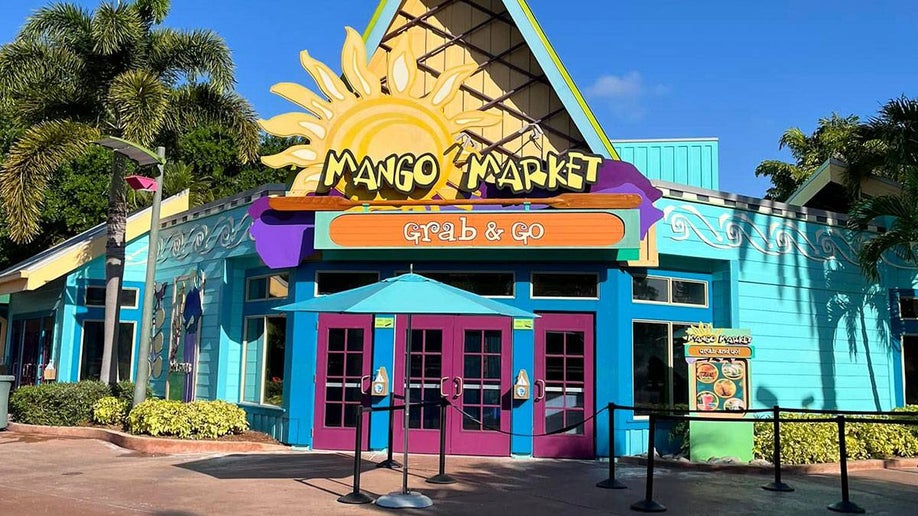 exterior of Mango Market restaurant during daytime with trees in Aquatica, San Antonio, Texas, USA