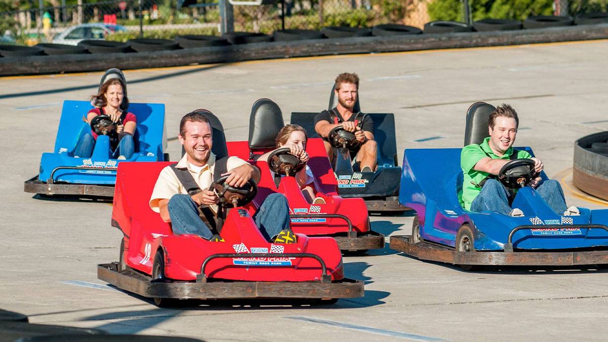 people racing in go carts at Racers Broadway Grand Prix in Myrtle Beach, South Carolina, USA