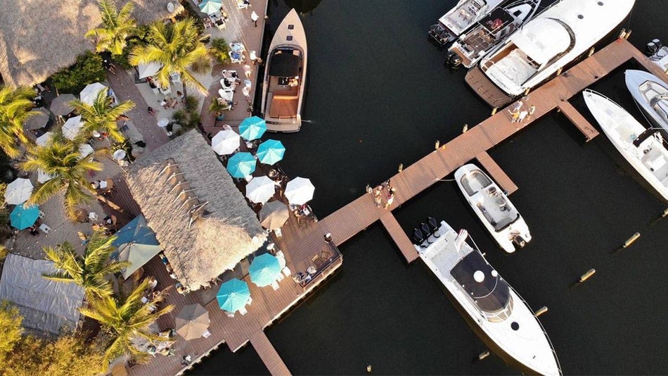 aerial view of The Getaway featuring umbrellas and palm trees with dock and boats on water in Tampa Bay, Florida, USA