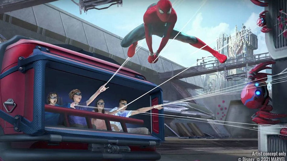 artists concept art of the Webslingers A Spider Man Adventure ride in Disneyland, Anaheim, California, USA