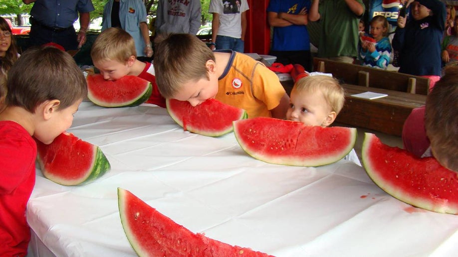 Close up photo of young boys participating in a watermelon eating contest at Watermelon Tasting Days at WNC Farmers Market in Asheville, North Carolina, USA