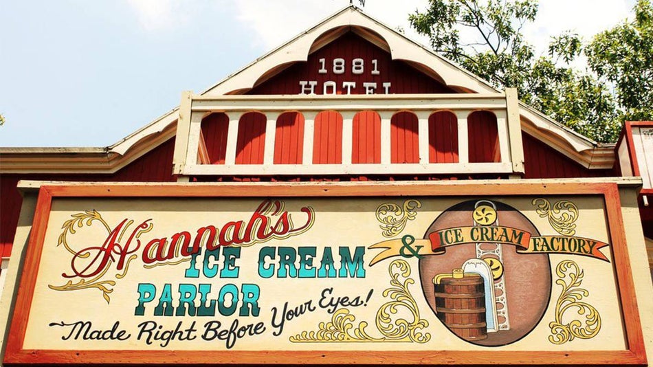 View looking up at the old time sign for Hannah's Ice Cream Parlor at Silver Dollar City in Branson, Missouri, USA