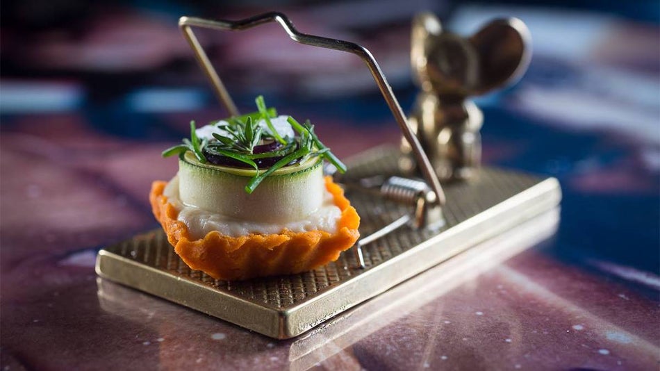 Close up of Ratatouille on a gold mouse trap from Next Restaurant in Chicago, Illinois, USA