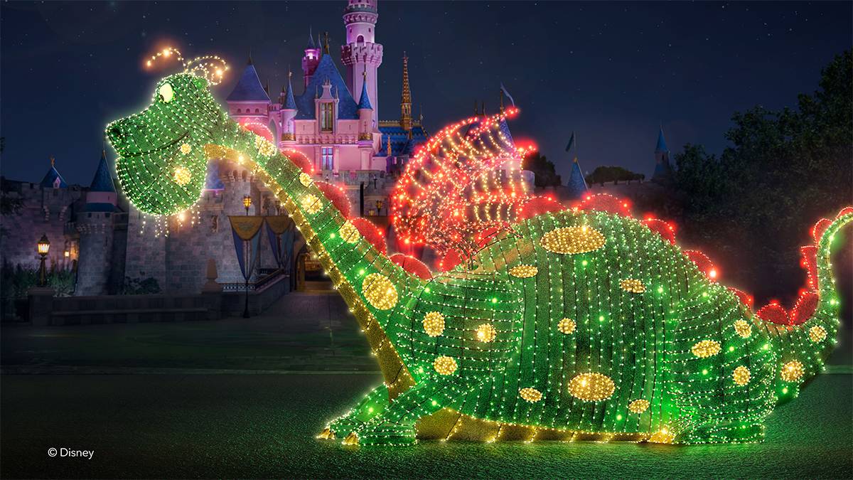 Close up of a dragon made of light in front of the castle during Ignite the Night at Disneyland near Los Angeles, California, USA