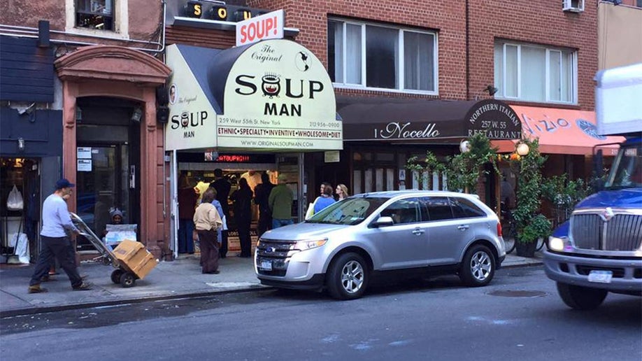 Wide shot site of the original Soup Man from Seinfeld in NYC, New York, USA