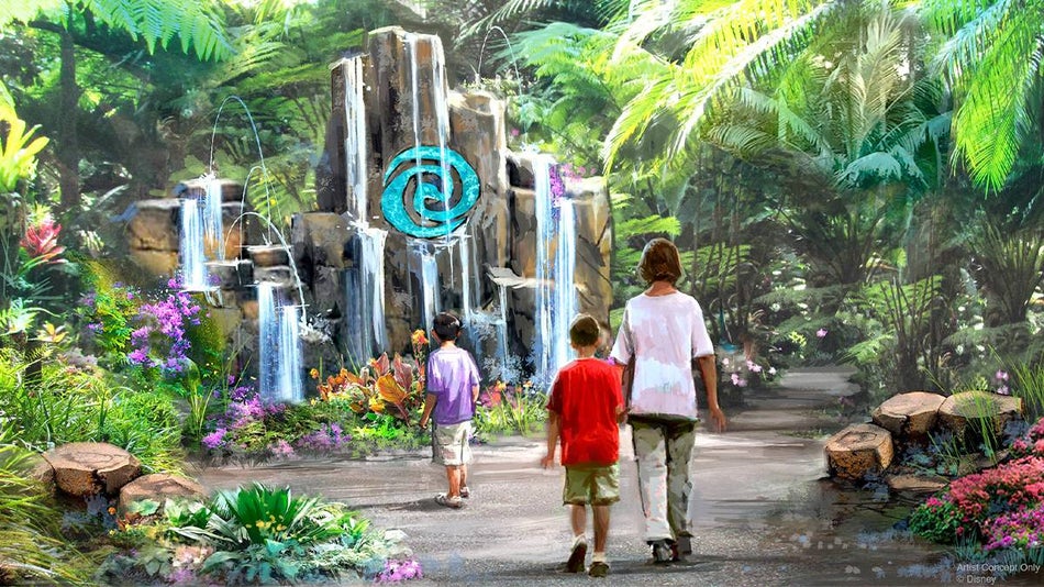 Concept art for Moana - Journey of Water with a mom and two kids walking towards a waterfall surrounded by greenery at Walt Disney World in Orlando, Florida, USA