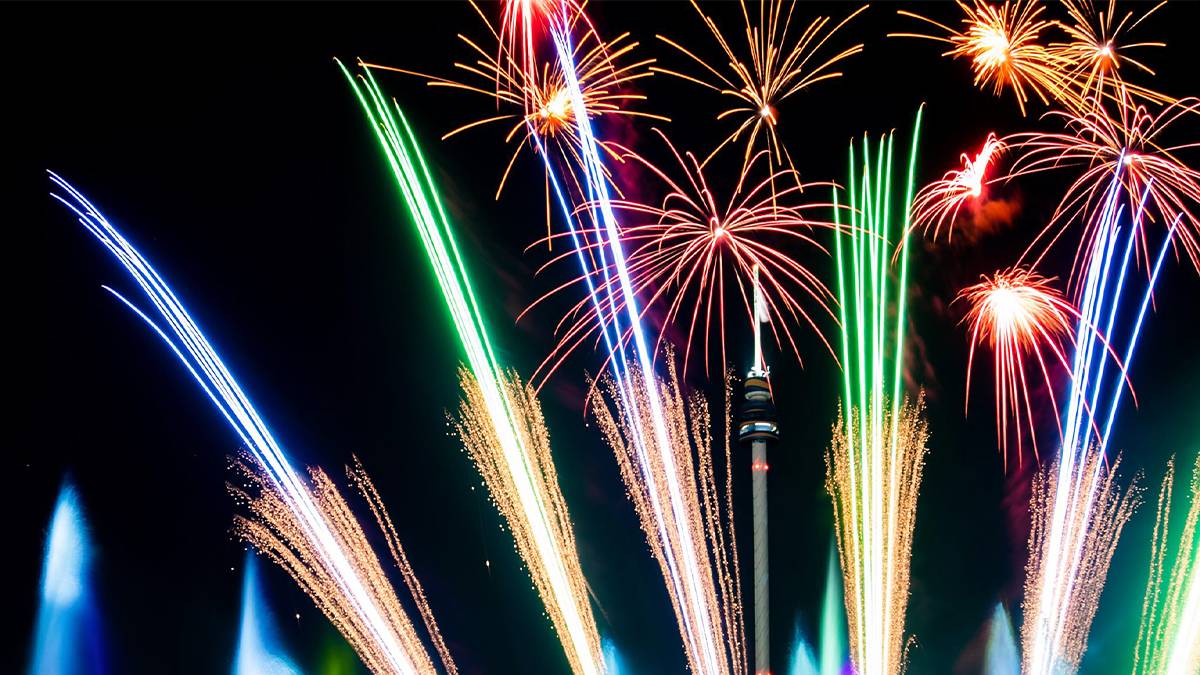 View looking up at bright fireworks in the sky of all different colors for the Fourth of July at SeaWorld in Orlando, Florida, USA