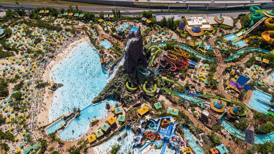 Aerial view of the pool and different slides at Universal Orlando's Volcano Bay on a sunny day in Orlando, Florida, USA