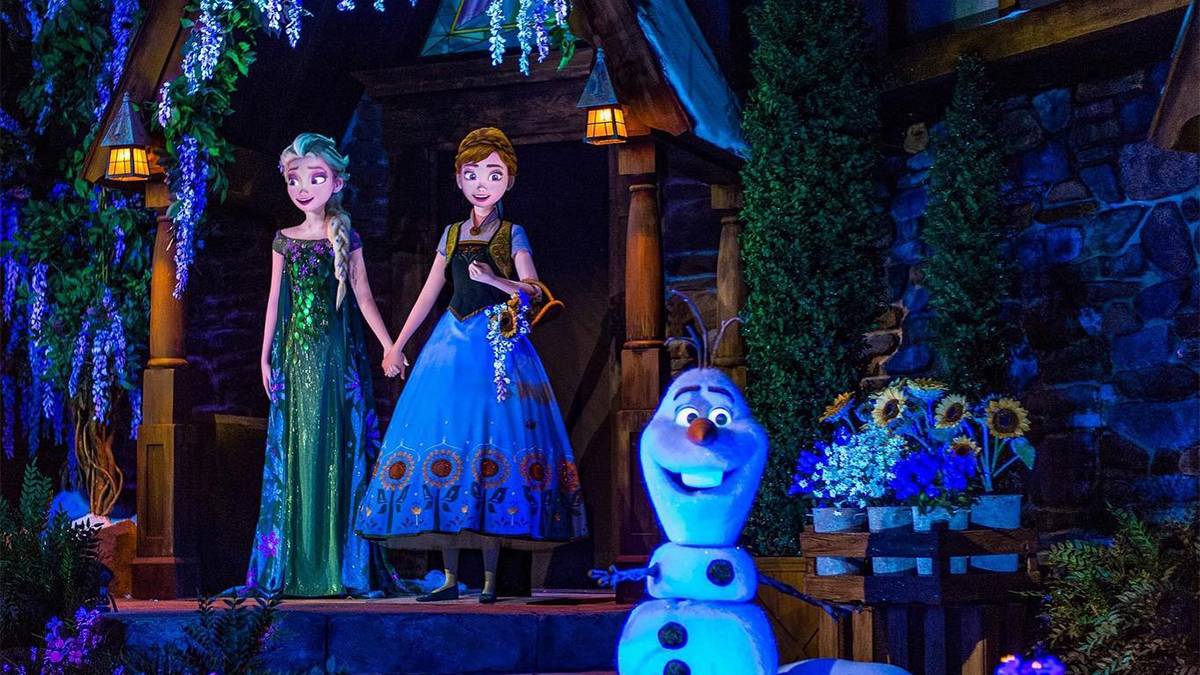 View of the Anna, Elsa, and Olaf animatronics on the Frozen Ever After ride at Walt Disney World in Orlando, Florida, USA