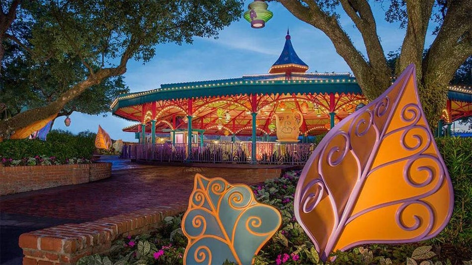 Wide shot of the Mad Tea Party ride at Walt Disney World at dusk in Orlando, Florida, USA