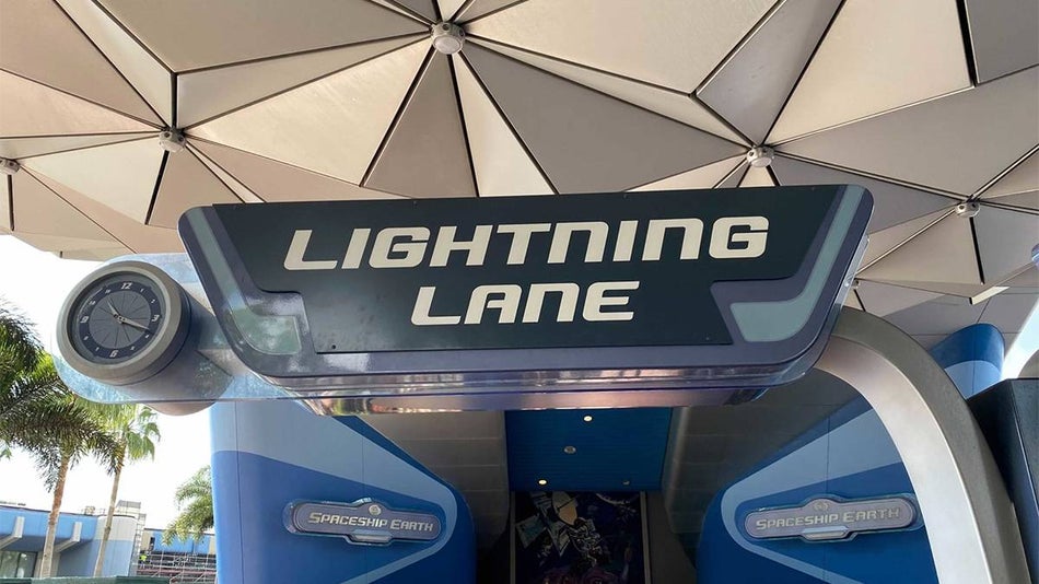 Close up of a Lightning Lane sign at EPCOT in Walt Disney World in Orlando, Florida, USA
