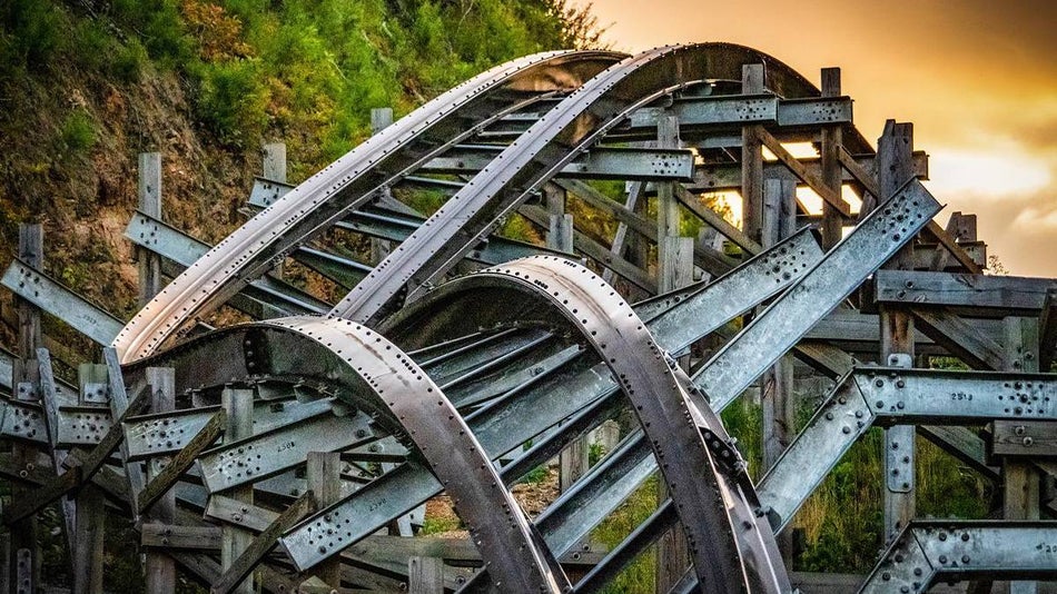 Close up of the tracks of the Lightning Rod Coaster at Dollywood at Sunset in Pigeon Forge, Tennessee, USA