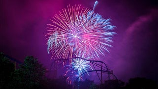 View of pink and blue fireworks in the sky for Electric Ocean at SeaWorld in San Antonio, Texas, USA