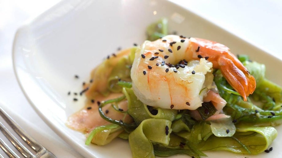 Close up of a shrimp dish from Humphreys Restaurant in San Diego, California, USA