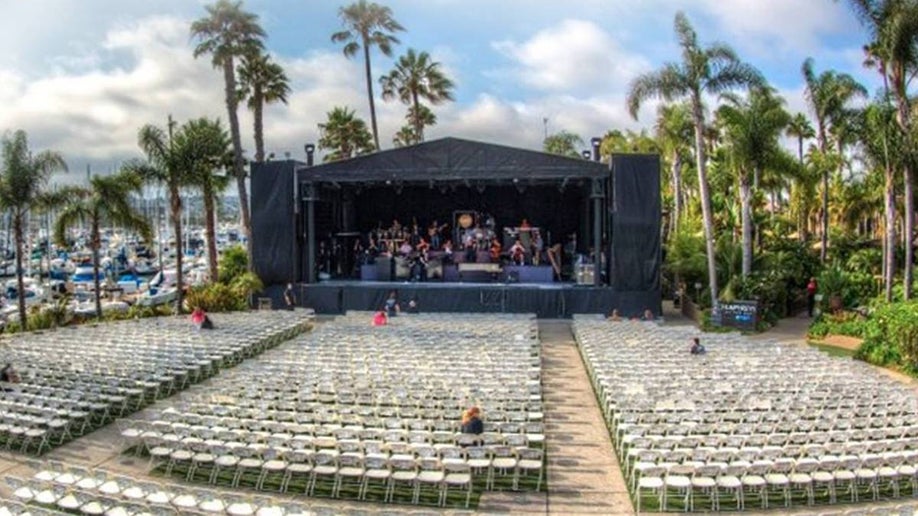 Wide shot of the concert area at Humphreys Restaurant on a sunny day in San Diego, California, USA