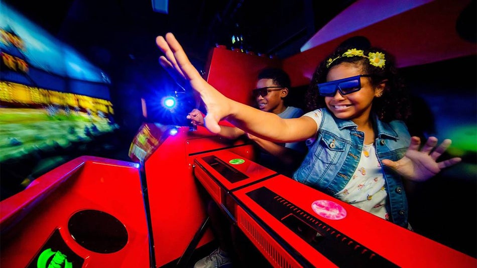 Close up of two children on Ninjago The Ride with 3D glasses on at LEGOLAND California in San Diego, California, USA