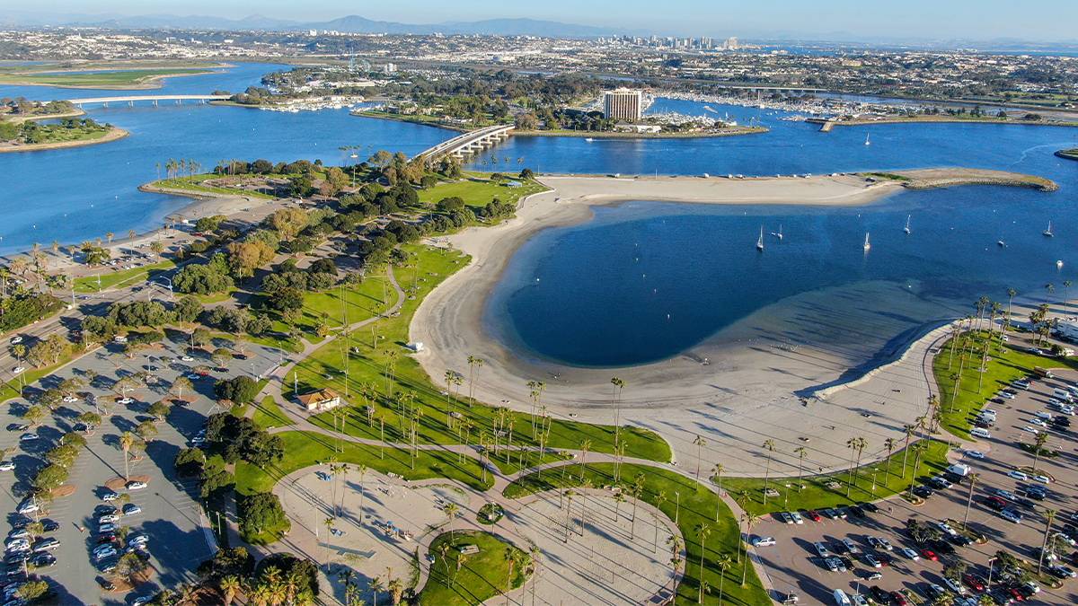 Aerial view of Mission Bay Park and the bay on a sunny day in San Diego, California, USA