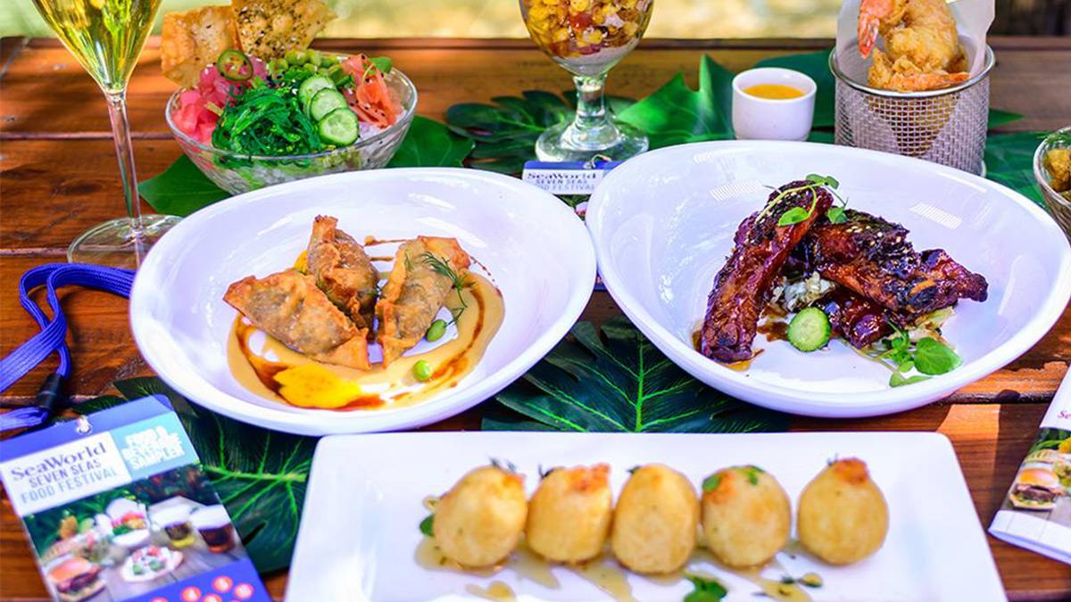 Close up of all the different types of food offered during the Seven Seas Food Festival at SeaWorld in San Diego, California, USA