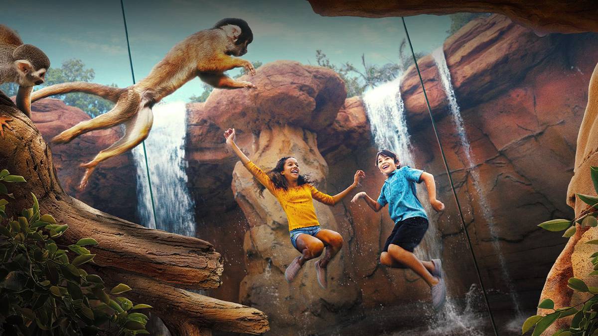 Wide shot of kids jumping in the air in front of rocks and a waterfall with two moneys jumping on the left side at Wild Explorers Basecamp at San Diego Zoo in San Diego, California, USA