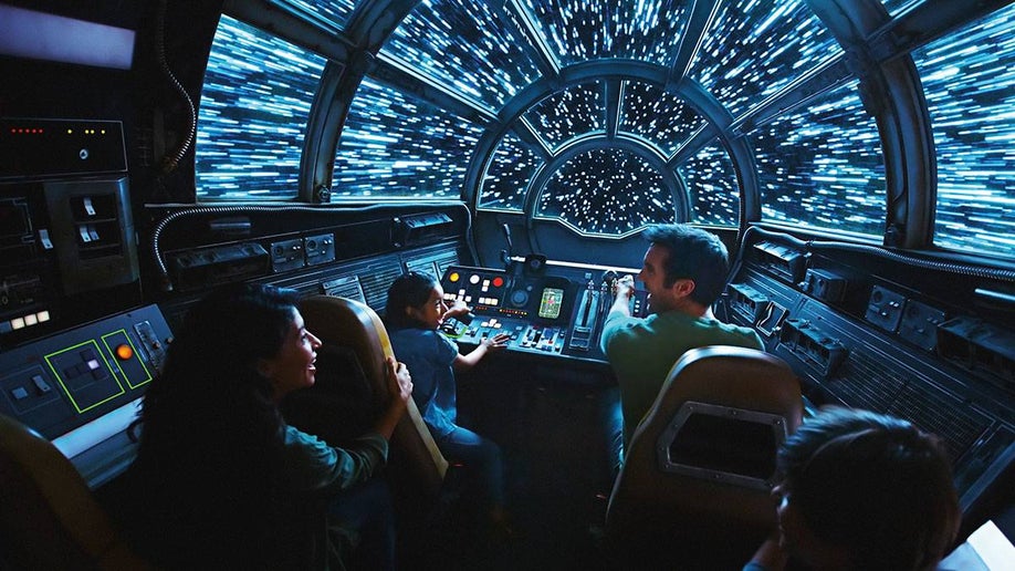 artist rendition of cockpit of Millennium Falcon at Star Wars Galaxy's Edge in Disneyland in Los Angeles, California, USA
