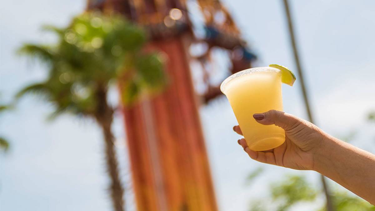 Close up of a woman holding a frozen margarita to the sky with a ride behind her at Busch Gardens for Cinco De Mayo in Tampa, Florida, USA