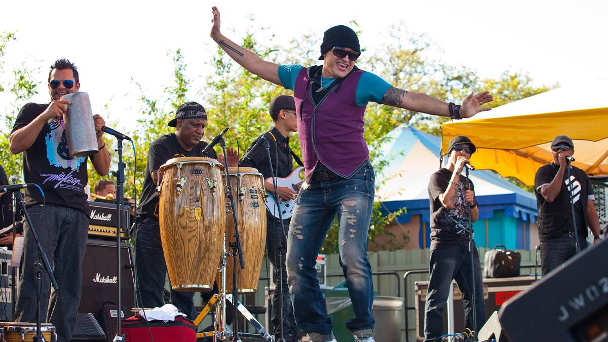 Close up of performers on stage playing music at the Viva La Musica festival at Busch Gardens in Tampa, Florida, USA