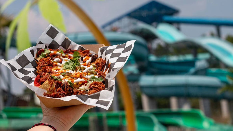 Close up photo of loaded nachos with a waterslide in the background at Wild Adventure Theme Park in Valdosta, Georgia, USA